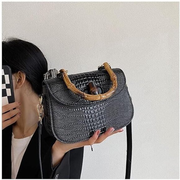 Neiman Marcus Bamboo Handle Black Crocodile Print Top Handle Bag - Picture 4 of 5